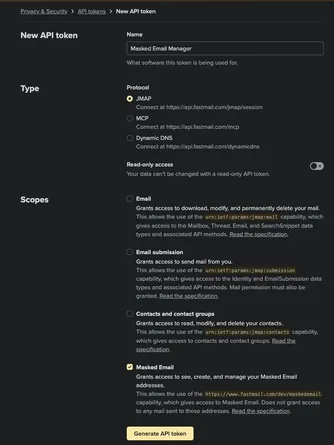 Fastmail's new API token form with the Masked Email scope selected and the other scopes cleared.