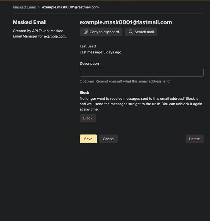Fastmail's Masked Email detail page with Copy to clipboard, Search mail, and Block controls.