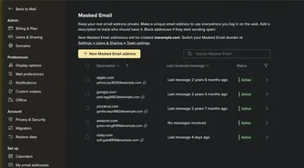 Fastmail settings with Masked Email selected and the New Masked Email address button above an example list.