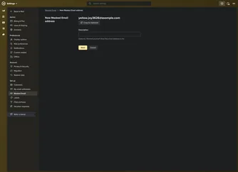 Fastmail's new Masked Email form with Copy to clipboard, Description, Save, and Cancel controls.