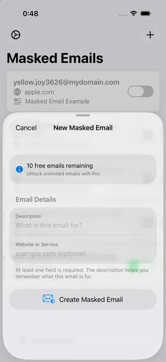 A sheet titled Create New Masked Email with fields for what the email is for and the website or service.