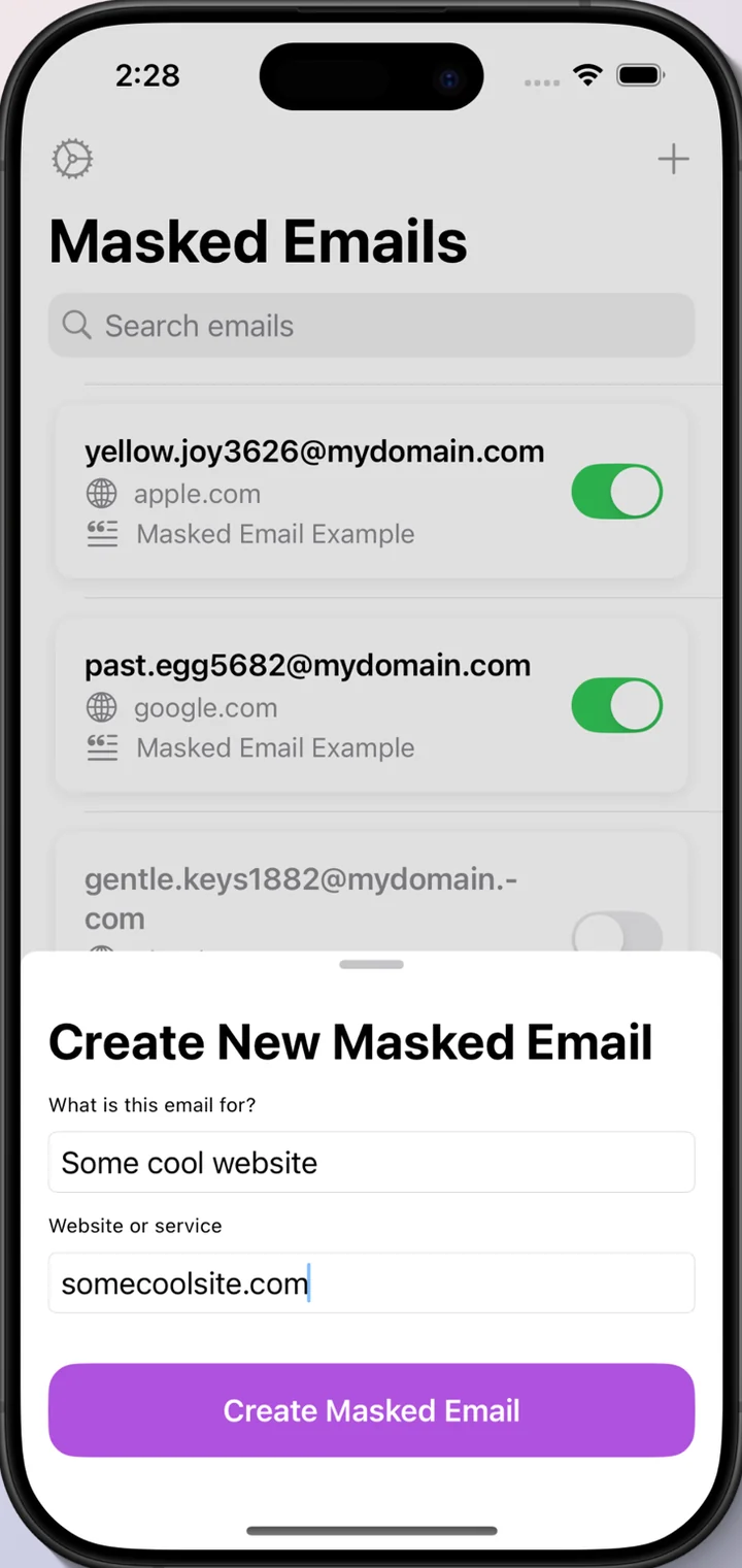A sheet titled Create New Masked Email with fields for what the email is for and the website or service.