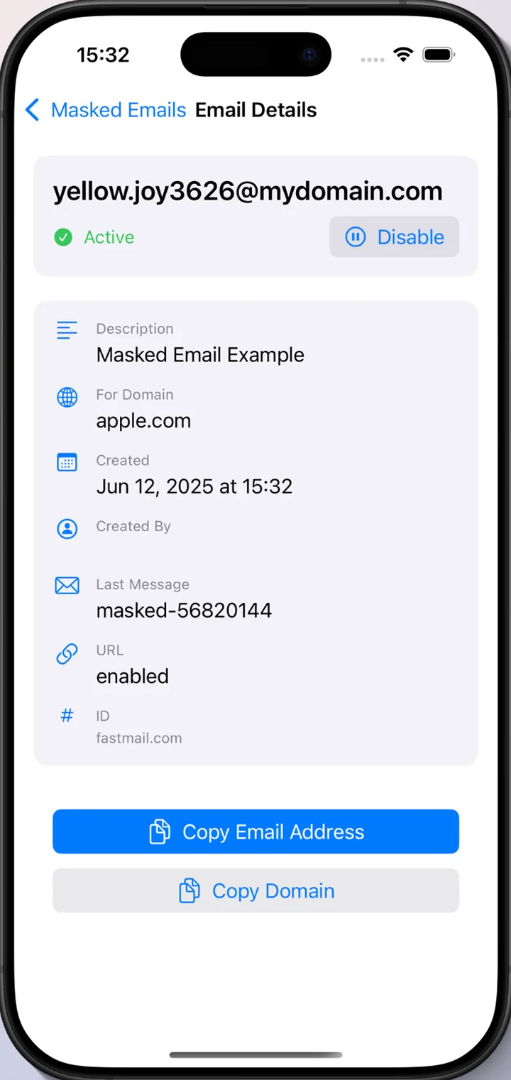 An address detail screen showing it as Active with a Disable button, its description, the site it was made for, and when it was created.