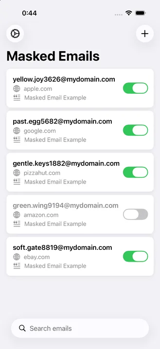 The app's main screen: a search field above a list of Masked Emails, each showing the site it was made for and a toggle.