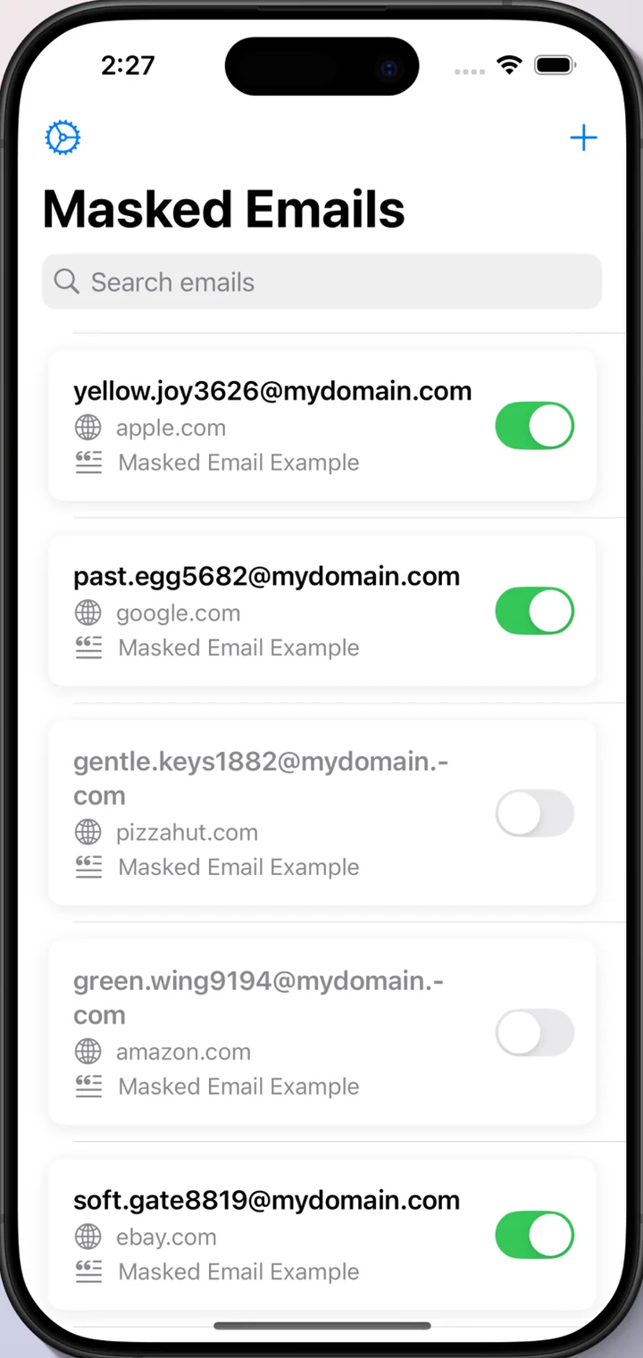 The app's main screen: a search field above a list of masked addresses, each showing the site it was made for and a toggle.